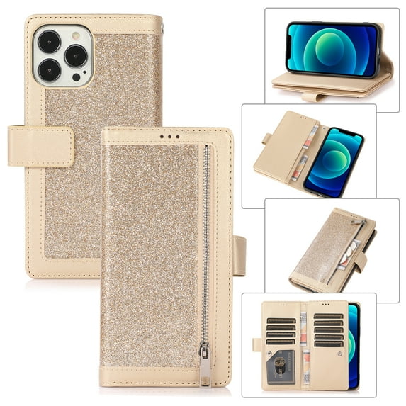iPhone 13 Pro Case 6.1", TECHCIRCLE Bling Sparkly Glitter Flip Stand PU Leather Zipper Wallet Case with Card Holder/Wrist Strap Magnetic Cover for Apple iPhone 13 Pro 2021, Gold