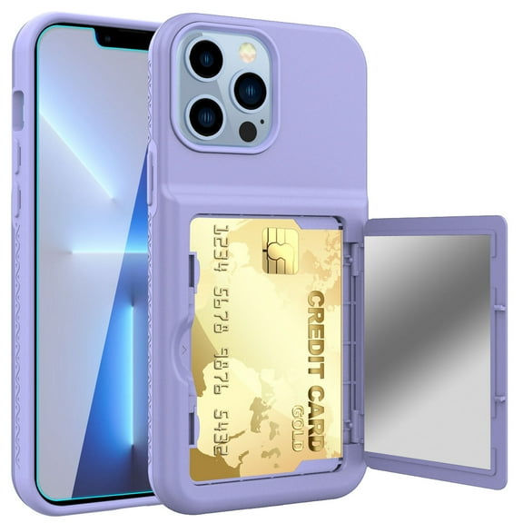 iPhone 13 Pro Case 6.1 inch with Tempered Glass Screen Protector, Dteck Wallet Case Credit Card Holder & Hidden Mirror, Heavy Duty Shockproof Protective Case for iPhone 13 Pro,Light Purple