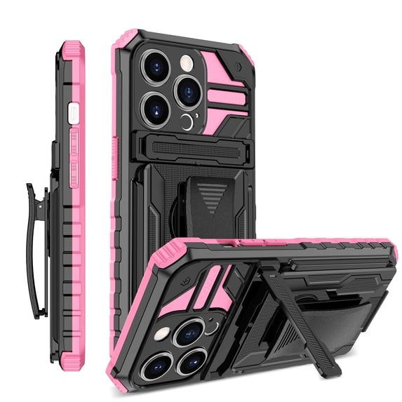 For iPhone 13 Pro Case with Belt Clip Holster, Heavy Duty Military Grade Drop Protective, 360° Rotating Kickstand Shockproof TPU Shell Durable Rugged Cover For iPhone 13 Pro, Pink