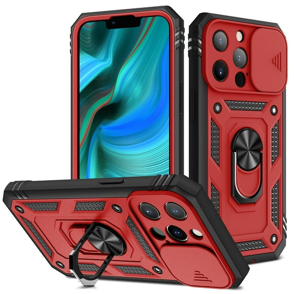 for iPhone 13 Pro Case with Camera Cover, 360° Rotate Ring Stand Impact-Resistant Shockproof Protective Bumper Car Mount Magnetic Armor Military Drop Protection Heavy Duty Case, Red+Black