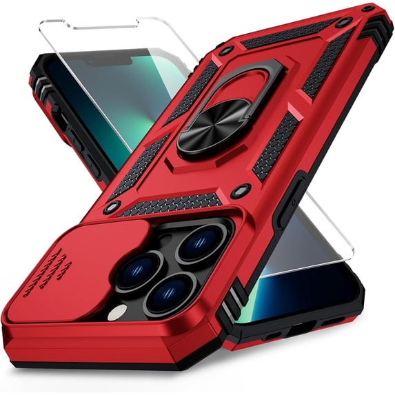 for iPhone 13 Pro Case with Camera Lens Cover, HD Screen Protector, 10 FT Military Grade Drop Protection, Magnetic Ring Holder Kickstand Protective Phone Case for iPhone 13 Pro, Red