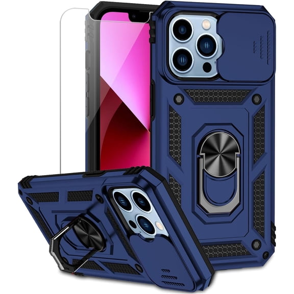 for iPhone 13 Pro Case with Camera Lens Cover HD Screen Protector, Dual Layer Military Grade Drop Protection Magnetic Ring Holder Kickstand Protective Phone Case for iPhone 13 Pro 6.1 inch (Navy Blue)