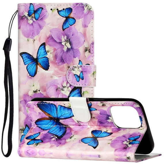 iPhone 13 Pro Case with Card Holder/Detachable Hand Strap, Allytech Kickstand Folio Flip Wallet Credit Card Slots Magnetic Snap PU Leather Protective Case for iPhone 13 Pro 6.1" 2021, Blue Butterfly
