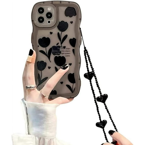 for iPhone 13 Pro Case with Charm Chain Flower Floral Cute Phone Case,Matte Clear Protective Phone Case with Love Heart Wrist Bracelet Shockproof for iPhone 13 Pro Case 6.1''