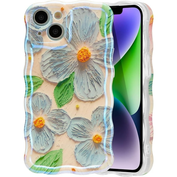 for iPhone 13 Pro Case, Colorful Retro Oil Painting Printed Flower Phone Case for Women Girls, TPU Cute Curly Wave Edge Exquisite Stylish Durable Protective Phone Cover, Green