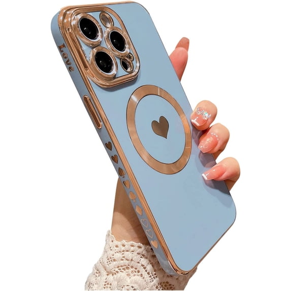for iPhone 13 Pro Case Compatible with MagSafe, Luxury Love Heart Soft Phone Case, Full Camera Lens Protection Magnetic Case for iPhone 13 Pro for Women Girls (6.1") - Light Blue