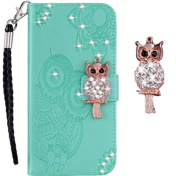 for iPhone 13 Pro Case with Credit Card Package,Glitter Bling Diamond PU Leather Wallet Phone Case with Wsrist String Flip Cover for iPhone 13 Pro Owl Green