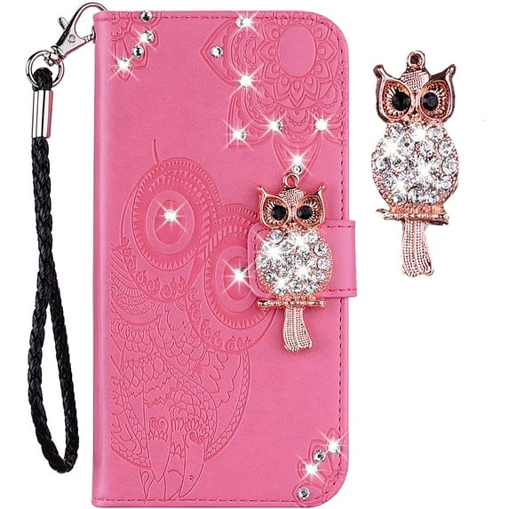 for iPhone 13 Pro Case with Credit Card Package,Glitter Bling Diamond PU Leather Wallet Phone Case with Wsrist String Flip Cover for iPhone 13 Pro Owl Pink