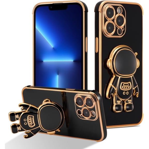 for iPhone 13 Pro Case Cute 6D Astronaut Case with Stand Function Luxury Plating Case Cover Slim Fit Soft TPU Shockproof Bumper Protective Electroplated Case for Girls Boys,6.1 inch,Black
