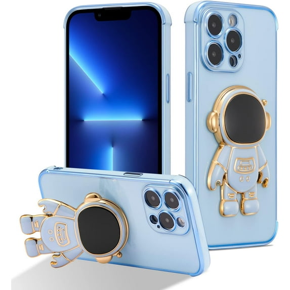 for iPhone 13 Pro Case Cute 6D Astronaut Case with Stand Function Luxury Plating Case Cover Slim Fit Soft TPU Shockproof Bumper Protective Electroplated Case for Girls Boys,6.1 inch,Blue