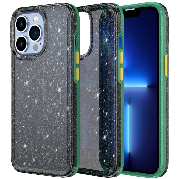 iPhone 13 Pro Case, Cute Shiny Bling Glitter Phone Cover Heavy Duty Hard PC Soft TPU Bumper Full Body Shockproof Protective Women Girls Case for Apple iPhone 13 Pro 6. inch 2021,Black + Green
