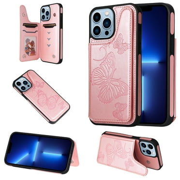 iPhone 13 Pro Case,Dteck Butterfly Pattern Magnetic Leather Card Holder Wallet Case Shockproof Rubber Hybrid Kickstand Cover for iPhone 13 Pro,Rosegold