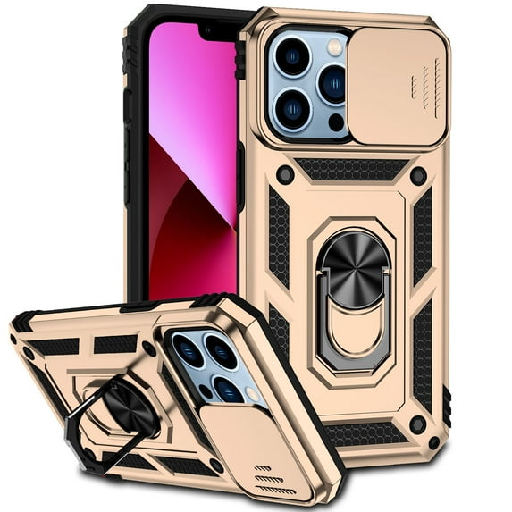 iPhone 13 Pro Case,Dteck Shockproof Rubber Rugged Case Hybrid Hard Ring Holder Kickstand Slide Camera Lens Protector Cover for Apple iPhone 13 Pro,Gold