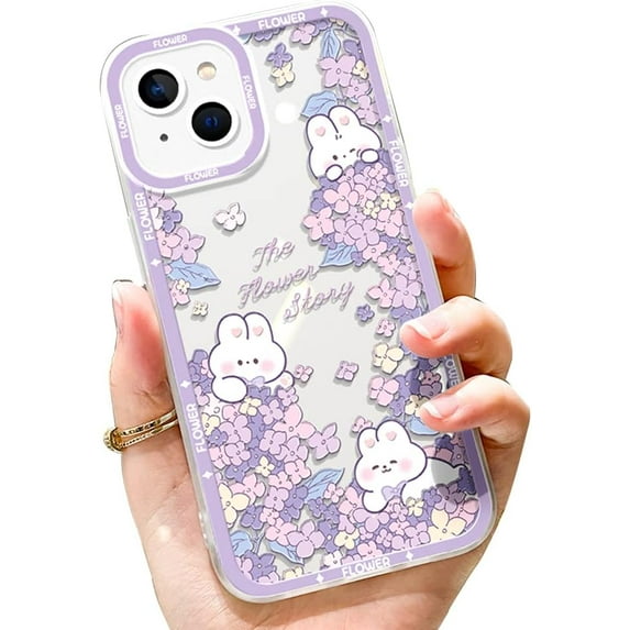 for iPhone 13 Pro Case Girly Flower Design with Cute Bunny, Kawaii Rabbit Case for iPhone 13 Pro Purple Floral Pattern, Clear Girls Case for iPhone 13 Pro Soft TPU with Camera Protection (Purple)