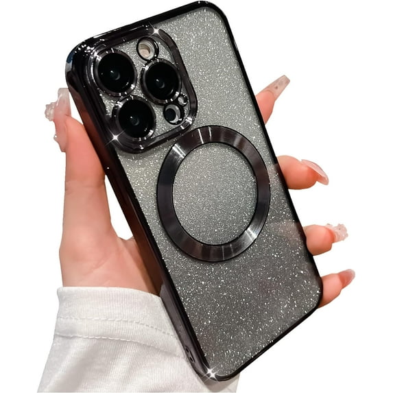 for iPhone 13 Pro Case Glitter Magnetic Compatible with MagSafe Full Camera Lens Protection Luxury Plating Cute Bling Clear Shockproof Slim Phone Case for Women Girls (Black)