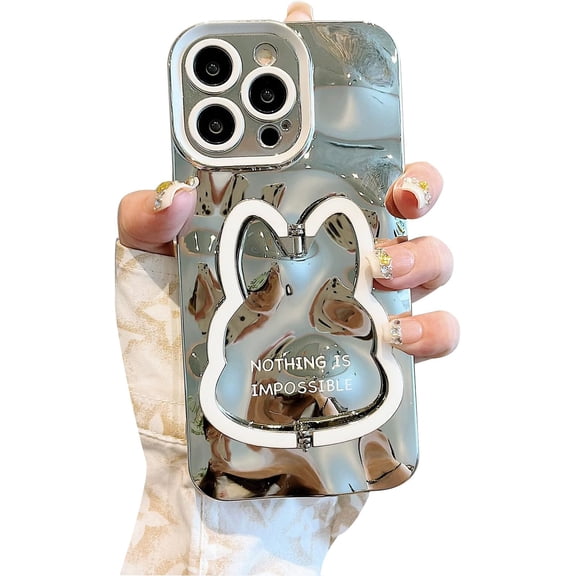 for iPhone 13 Pro Case Luxury Shiny Fashion Women Phone Case with Rabbit Stand 3D Chrome Patterned Soft Glitter Shiny Camera Shockproof Girl Cover Phone Case-Silver