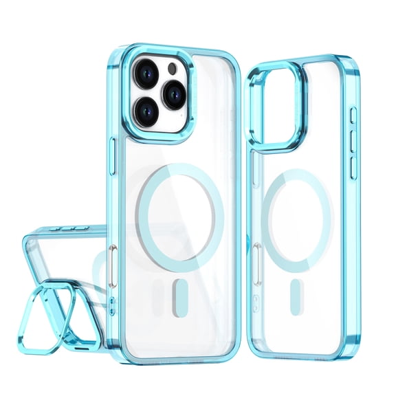 For iPhone 13 Pro Case, Magnetic Clear Case with Lens Kickstand, Full-Body Shockproof Protective Crystal Cover, Compatible with MagSafe, Anti-Yellowing Transparent Phone Cover,Blue