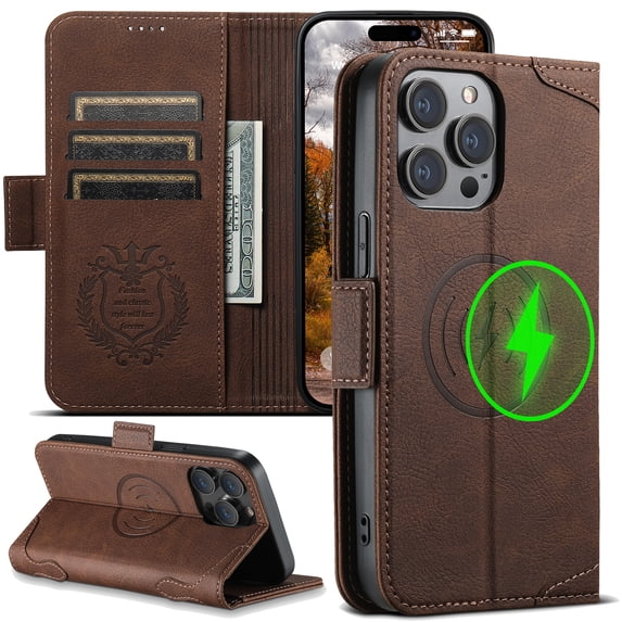 for iPhone 13 Pro Case, Magnetic Closure Wallet Flip PU Leather with Stand Cash Credit Card Slots Drop Protective Phone Case Cover for iPhone 13 Pro with Strong Back Magsafe, Brown