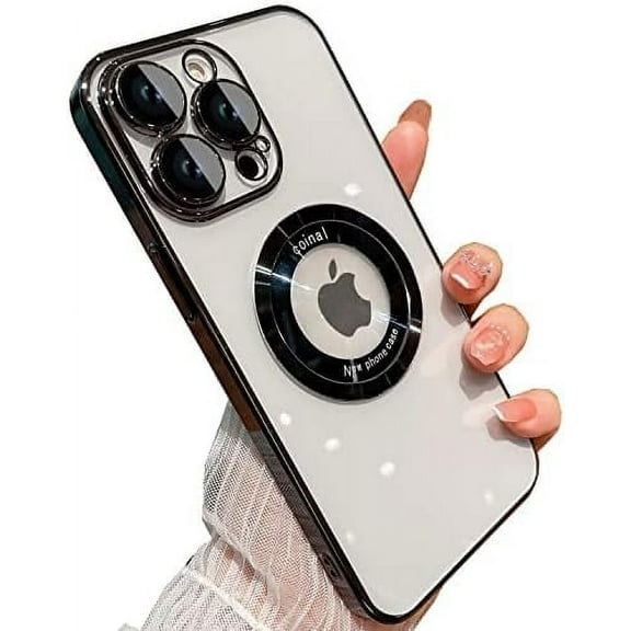 for iPhone 13 Pro Case,Magnetic Compatible with Magsafe,Glass Lens Camera Protector,Logo View Hard Luxury Phone Cases for iPhone 13 Pro for Women Men Transparent Cover (Black)