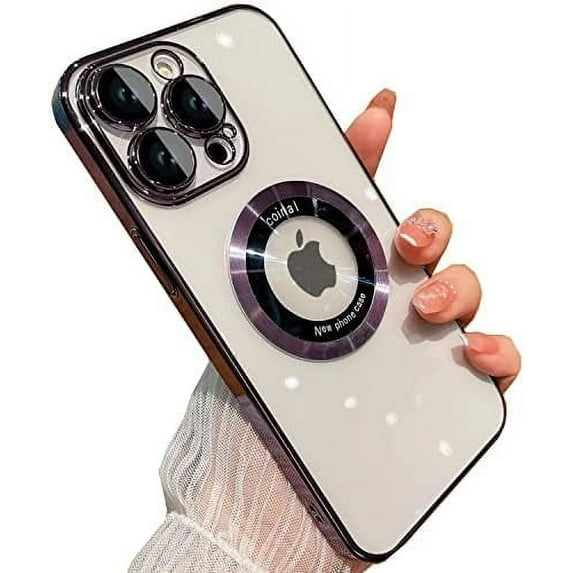for iPhone 13 Pro Case,Magnetic Compatible with Magsafe,Glass Lens Camera Protector,Logo View Hard Luxury Phone Cases for iPhone 13 Pro for Women Men Transparent Cover (Purple)