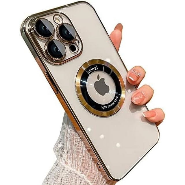for iPhone 13 Pro Case,Magnetic Compatible with Magsafe,Glass Lens Camera Protector,Logo View Hard Luxury Phone Cases for iPhone 13 Pro for Women Men Transparent Cover (Gold)