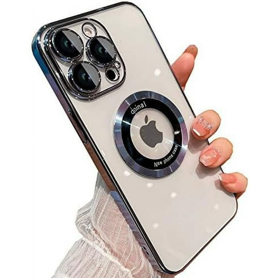 for iPhone 13 Pro Case,Magnetic Compatible with Magsafe,Glass Lens Camera Protector,Logo View Hard Luxury Phone Cases for iPhone 13 Pro for Women Men Transparent Cover (Blue)