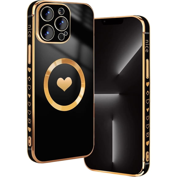 for iPhone 13 Pro Case Magnetic Version Compatible with MagSafe with Full Camera Lens Protection Reinforced Corners Cute Love Heart Soft TPU Electroplate Edge Bumper Cute Cover for Women, Black