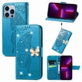 thumbnail image 1 of iPhone 13 Pro Case, Mantto Bling Diamond PU Leather Flip Wallet Case Hand Strap Butterfly Embossed Protective Flip Stand Card Holder Magnetic Cover for Apple iPhone 13 Pro, Blue, 1 of 9