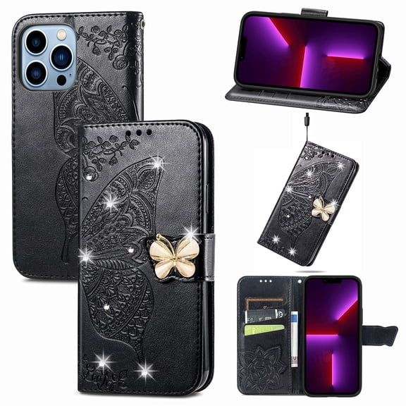 iPhone 13 Pro Case, Mantto Bling Diamond PU Leather Flip Wallet Case Hand Strap Butterfly Embossed Protective Flip Stand Card Holder Magnetic Cover for Apple iPhone 13 Pro, Black