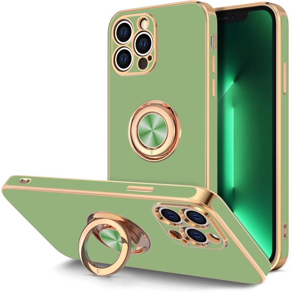 for iPhone 13 Pro Case with Ring Stand, 360° Rotatable Ring Holder Magnetic Kickstand, Plating Rose Gold Soft TPU Bumper Camera Protection Shockproof Protective Phone Cases Cover, Light Green