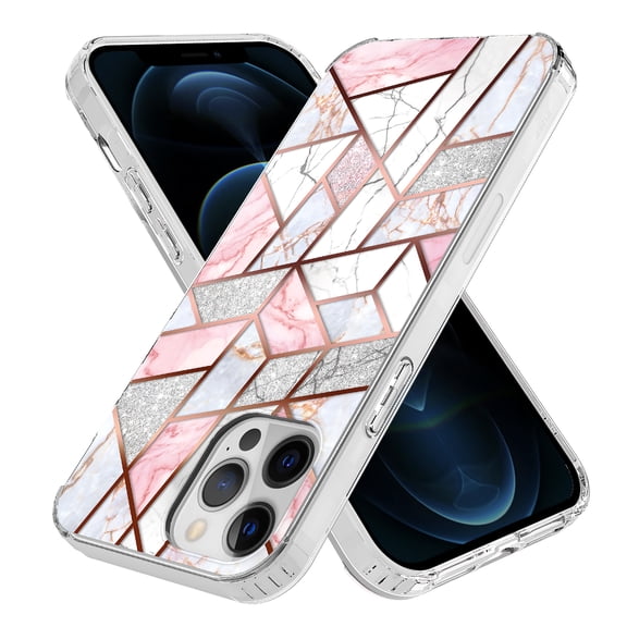 iPhone 13 Pro Case, Rosebono Hybrid Bling Glitter Sparkle Laser Pink Polygon Geometric Marble Graphic Fashion Cute Colorful Skin Cover Case for iPhone 13 Pro