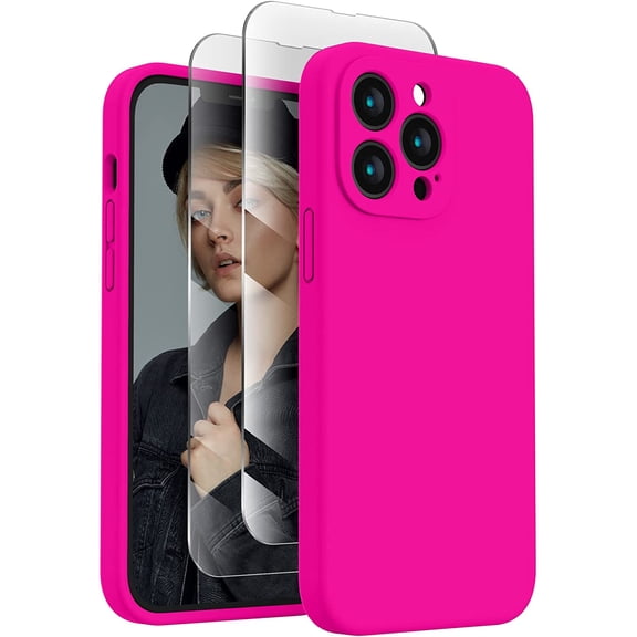 for iPhone 13 Pro Case, Silicone Upgraded [Camera Protection] Phone Case with [2 Screen Protectors], Soft Anti-Scratch Microfiber Lining Inside, 6.1 inch, Hot Pink