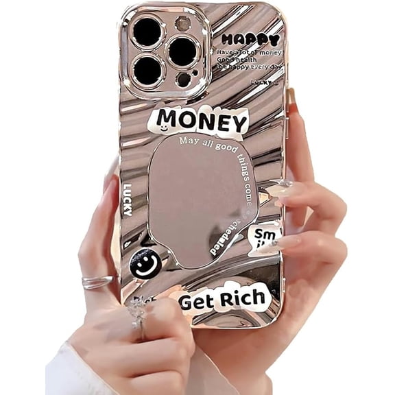 for iPhone 13 Pro Case Silver Mirror Get Rich Money Water Wave Pattern Cute Simple Stylish Aesthetic Personalized Design for Women Girls Electroplated Phone Case, 6.1", Sliver