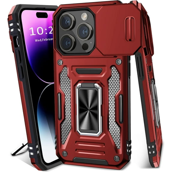 for iPhone 13 Pro Case with Slide Camera Cover,Built-in 360° Magnetic Rotate Ring Stand Magnetic Grade Shockproof Protective Case for Women and Men-Red
