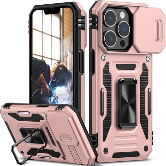 for iPhone 13 Pro Case with Slide Camera Cover Drop Tested Military Grade Heavy Duty Protective Durable Sturdy Rotate Ring Kickstand Phone Case for iPhone 13 Pro(Rose Gold)