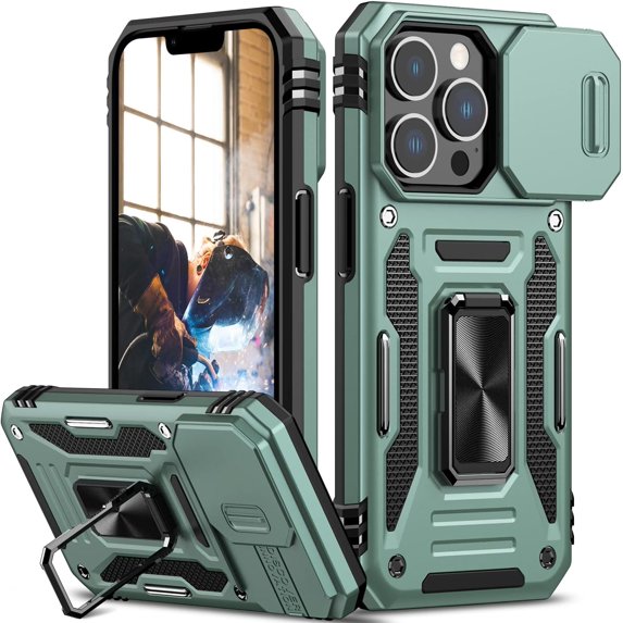 for iPhone 13 Pro Case with Slide Camera Cover Drop Tested Military Grade Heavy Duty Protective Durable Sturdy Rotate Ring Kickstand Phone Case for iPhone 13 Pro(Green)