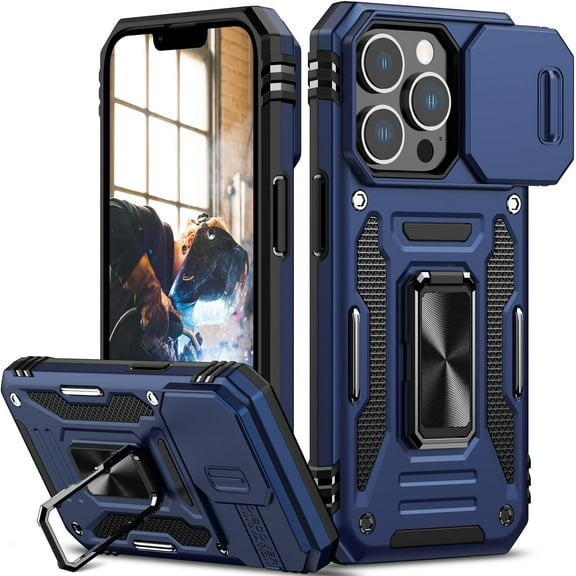 for iPhone 13 Pro Case with Slide Camera Cover Drop Tested Military Grade Heavy Duty Protective Sturdy Rotate Ring Kickstand Phone Case for iPhone 13 Pro(Blue)