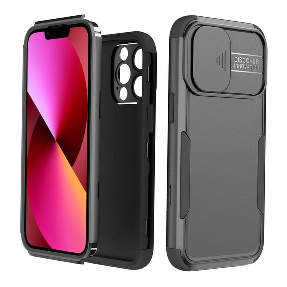 iPhone 13 Pro Case with Slide Camera Cover, Heavy Duty Camera Lens Protection Hard PC Soft TPU Slim Fit Military-Grade Drop Protective Case iPhone 13 Pro 6.1" (Black+Black)