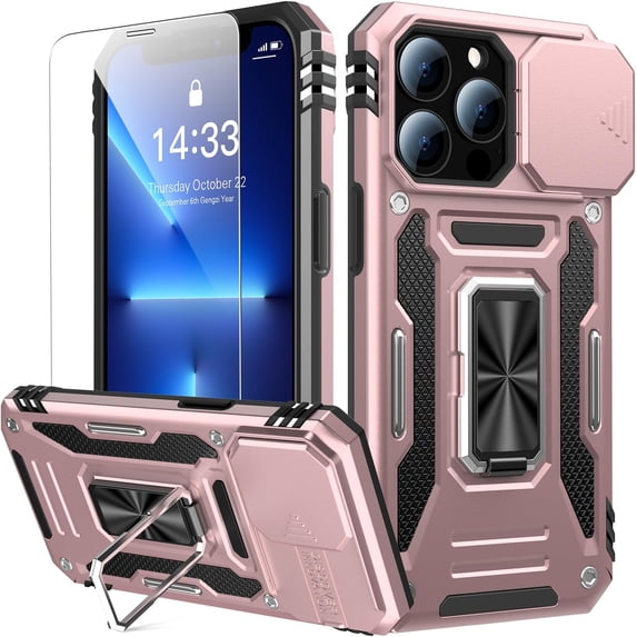 for iPhone 13 Pro Case with Sliding Camera Cover + Screen Protector - Metal Magnetic Kickstand - Military-Grade Shockproof Matte Protective Phone Cover 6.1" for Men Women Girls - Rose Gold