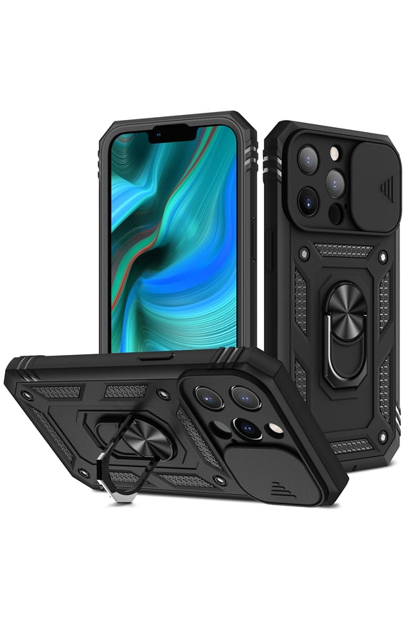 iPhone 13 Pro Case, Techcircle Slim Heavy Duty Rugged Hybird Shockproof Anti-Slip Magnetic Ring Stand Slide Len Protective Phone Case for Apple iPhone 13 Pro, D