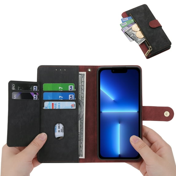 for iPhone 13 Pro Case Wallet with Card Slot Premium Soft PU Leather Zipper Flip Folio Wallet with Wrist Strap Kickstand Protective for iPhone 13 Pro 6.1 inch Wallet Case - Red