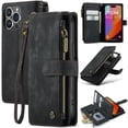 thumbnail image 1 of for iPhone 13 Pro Case, Wallet Case with Card Holder Kickstand Magnetic Zipper Pocket Lanyard Strap Wristlet,Leather Flip Case Wallet for iPhone 13 Pro, Black, 1 of 6