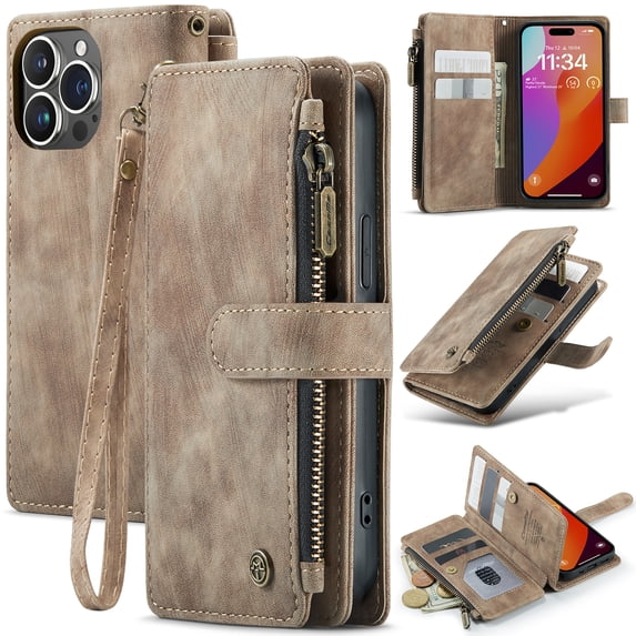 for iPhone 13 Pro Case, Wallet Case with Card Holder Kickstand Magnetic Zipper Pocket Lanyard Strap Wristlet,Leather Flip Case Wallet for iPhone 13 Pro, Brown