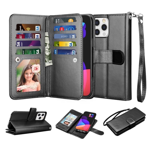 iPhone 13 Pro Case, Wallet Case for iPhone 13 Pro, iPhone 13 PU Leather Case, Njjex Luxury PU Leather [9 Card Slots Holder ] Carrying Folio Flip Cover [Detachable Magnetic Hard Case] -Black