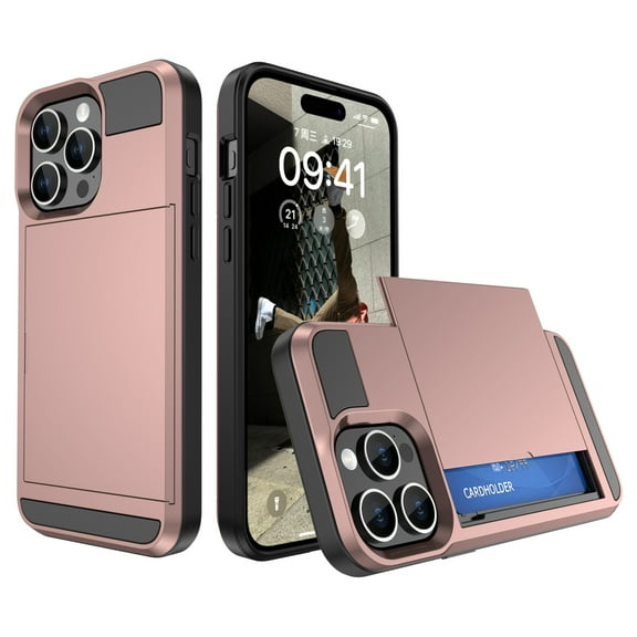 for iPhone 13 Pro Case Wallet Credit Card Holder ID Slot Sliding Door Hidden Pocket Men Anti-Scratch Dual Layer Hybrid Bumper Armor Protective Shell Back Cover For iPhone 13 Pro, Rosegold