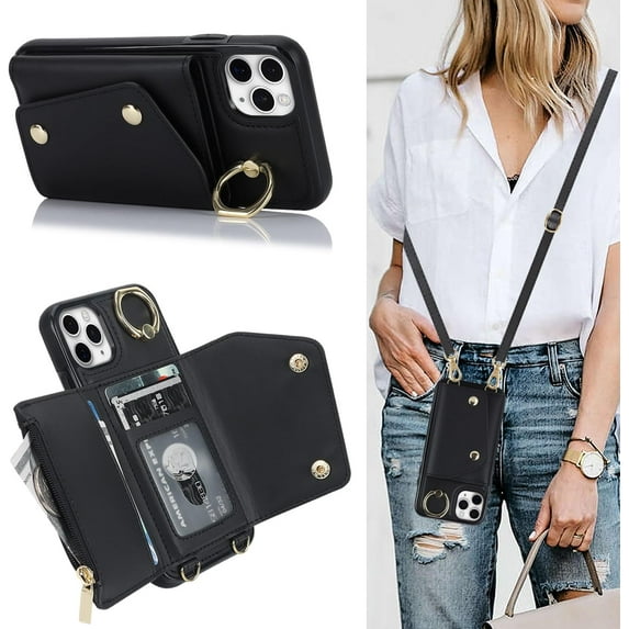 for iPhone 13 Pro Case Wallet with Strap for Women,Crossbody Lanyard and Wristlet Strap,Zipper Pocket,Credit Card Holder,Ring Stand,RFID Blocking Phone Wallet Cases(6.1 inch,Black)