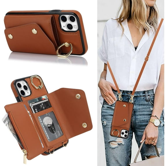 for iPhone 13 Pro Case Wallet with Strap for Women,Crossbody Lanyard and Wristlet Strap,Zipper Pocket,Credit Card Holder,Ring Stand,RFID Blocking Phone Wallet Cases(6.1 inch,Brown)