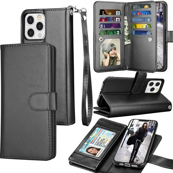 iPhone 13 Pro Case, iPhone 13 Pro Wallet Case, Tekcoo Luxury PU Leather Cash Credit Card Slots Holder Carrying Folio Flip Cover [Detachable Magnetic Hard Case] Kickstand [Black]