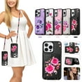 thumbnail image 1 of iPhone 13 Pro Case Wallet for Women Girls, Floral Case with Cards Holder & Makeup Mirror Hand Wrist Crossybody Shoulder Strap RFID Blocking Purse Cover Case for Apple iPhone 13 Pro,Black, 1 of 9