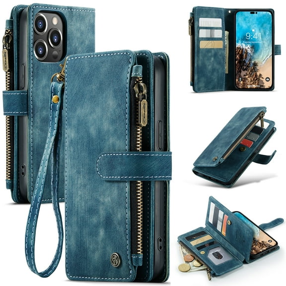 for iPhone 13 Pro Case Wallet for Women and Men, iPhone 13 Pro Case, PU Leather Magnetic Flip Strap Wristlet Zipper Card Holder Wallet Business Phone Cover for iPhone 13 Pro, Blue
